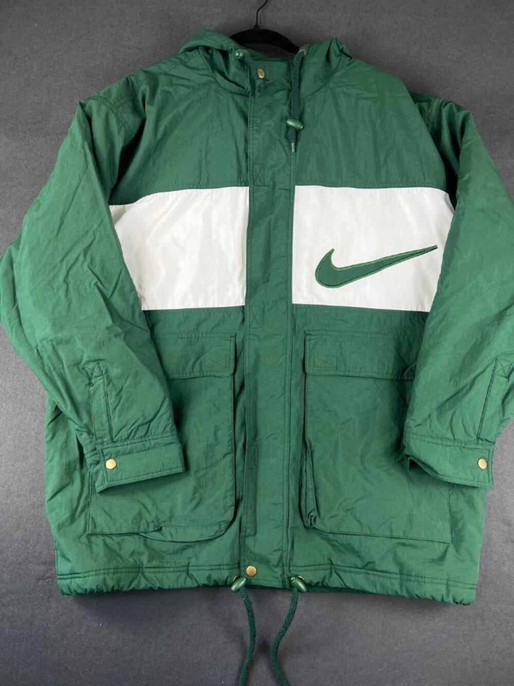 Vintage 90s Nike Mens Green White Parka Jacket Nylon Down Full Zip Hooded Logo L